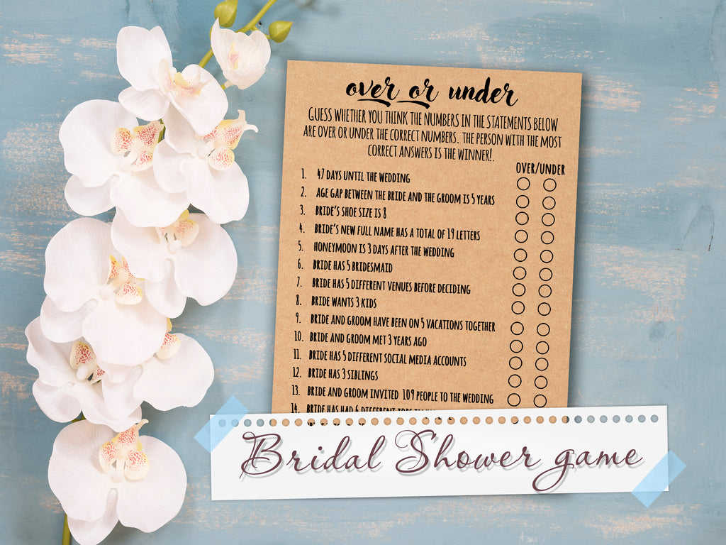 Over or Under . Over or Under Bridal Shower Games . Over or Under the Number . Printable Instant Download . Rustic, Fun, Bridal Shower Game.