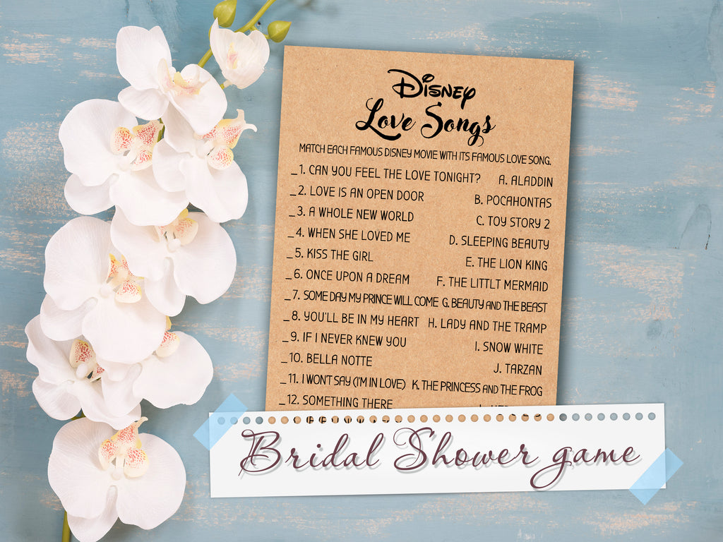 Disney Love Quotes Bridal Shower Game . disney love songs . Wedding Shower Game Bachelorette Party Night movie game INSTANT Download