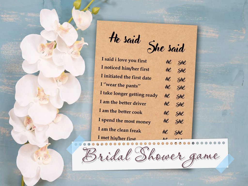 He said she said bridal shower game, Bride or groom game, bride groom game, kraft rustic Guess Who Said It Phrase Game Wedding