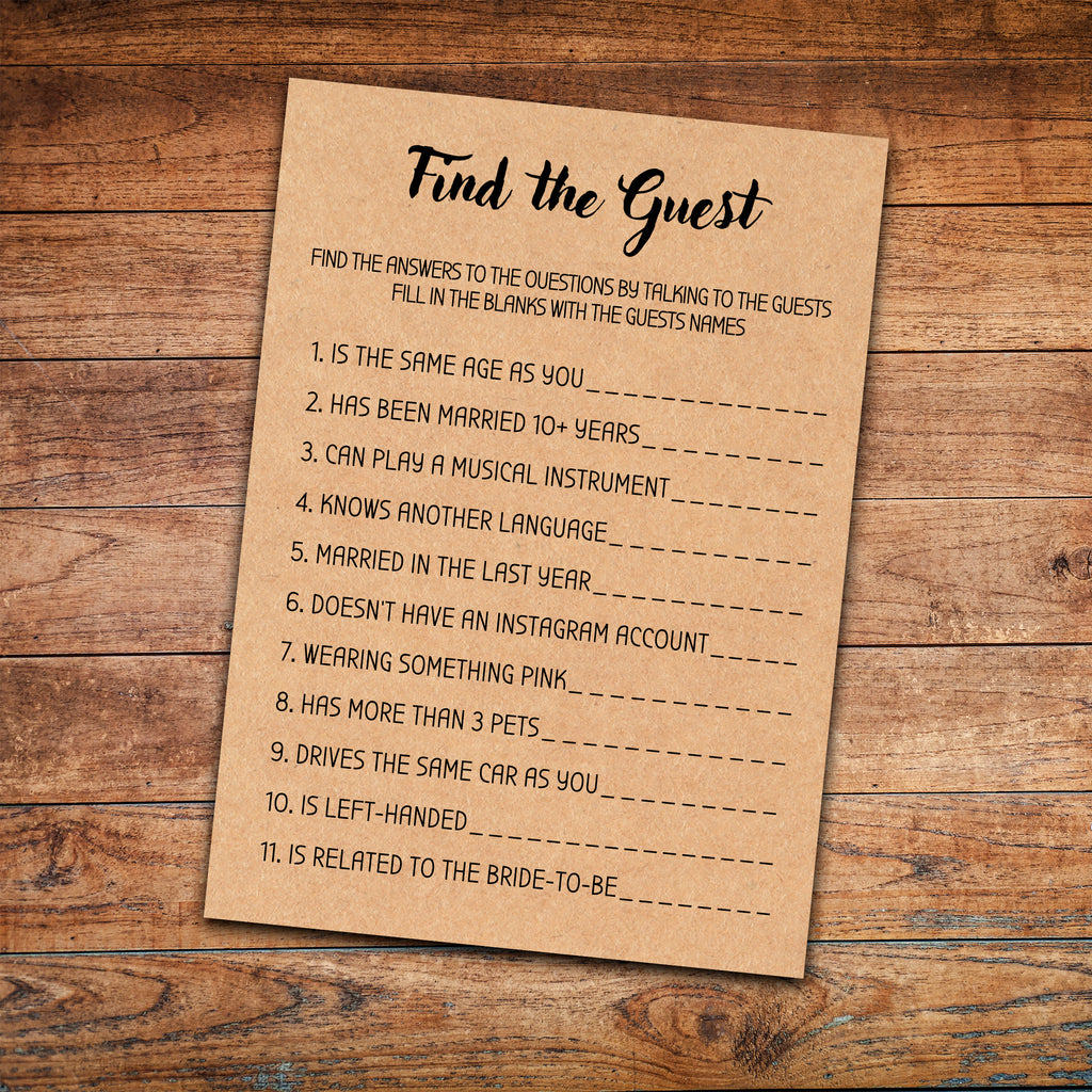 Find the Guest fun Bridal Shower Games Printable ice breaker game, guess the guest game bachelorette game bridal guest game Instant Download