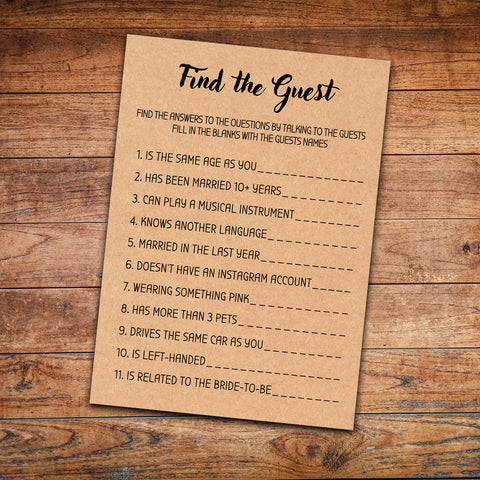 Find the Guest fun Bridal Shower Games Printable ice breaker game, guess the guest game bachelorette game bridal guest game Instant Download