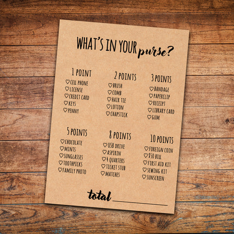 What's In Your Purse Game Whats In Your Purse Bridal Shower Game / Wedding shower game / Purse Bridal Shower rustic Instant Download!