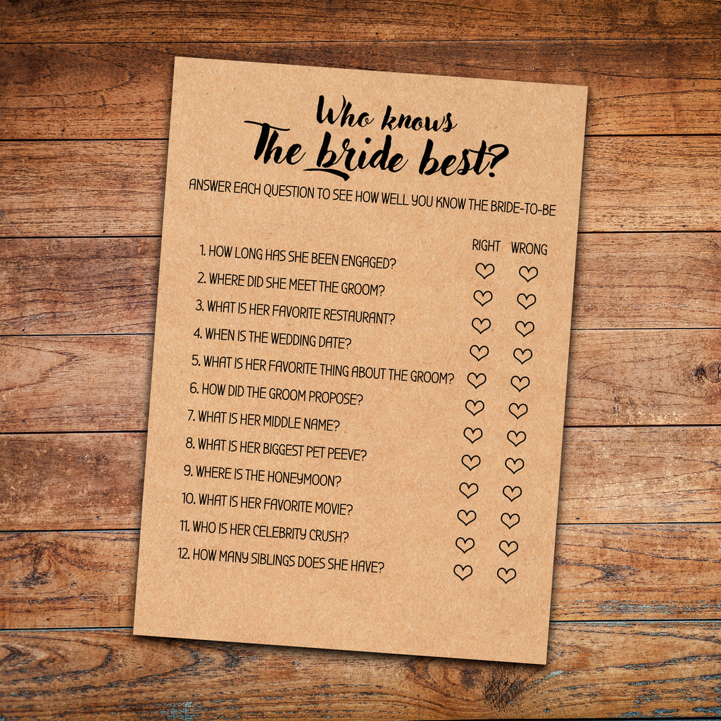 Who Knows The Bride Best Bridal Shower Game / Printable "How Well Do You Know The Bride?" bridal rustic game, Printable INSTANT DOWNLOAD!