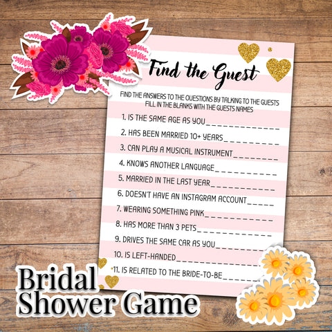 Find the Guest fun Bridal Shower Games Printable ice breaker game, guess the guest game bachelorette game bridal guest game Instant Download