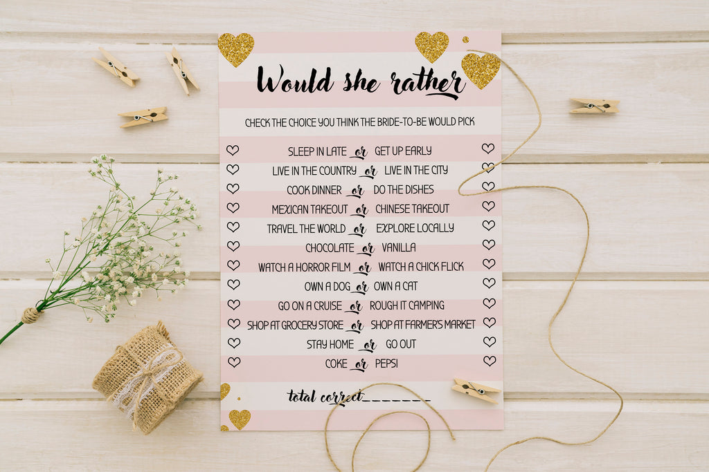 Would She Rather Bridal Shower Game/Gold Confetti Game, What Would Bride Do, Couples Shower Printable Game INSTANT DOWNLOAD