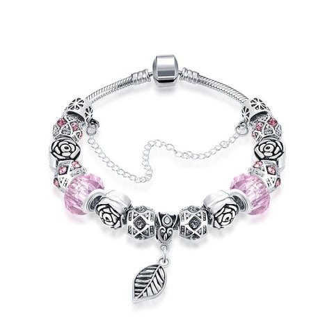 Petite Bubble Gum Pink Leaf Branch Pandora Inspired Bracelet Made with Swarovski Elements