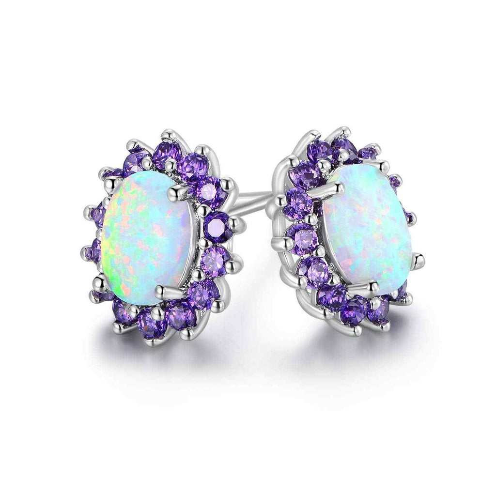  0.25 CTTW White Fire Opal and Amethyst Stud Earrings in 18K White Gold