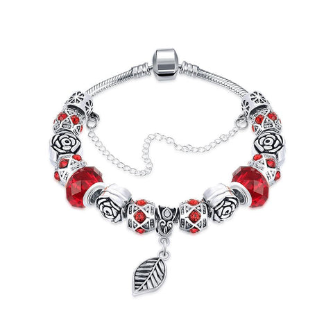 Dark Ruby Red Leaf Branch Pandora Inspired Bracelet Made with Swarovski Elements