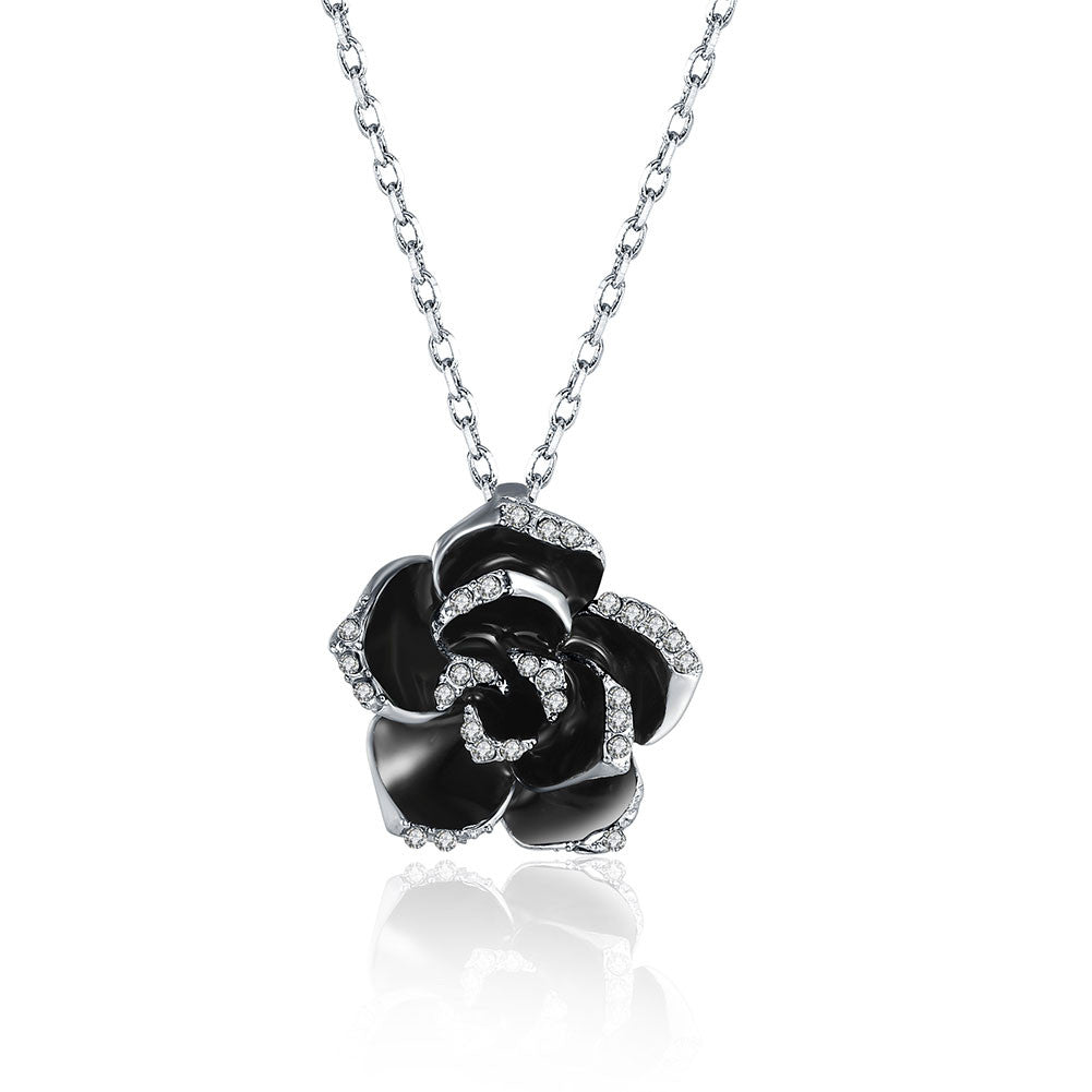 White Gold Plated Large Onyx Rose Petal Necklace