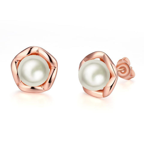 18K Rose GP Geometric Fresh Water Pearl Earring