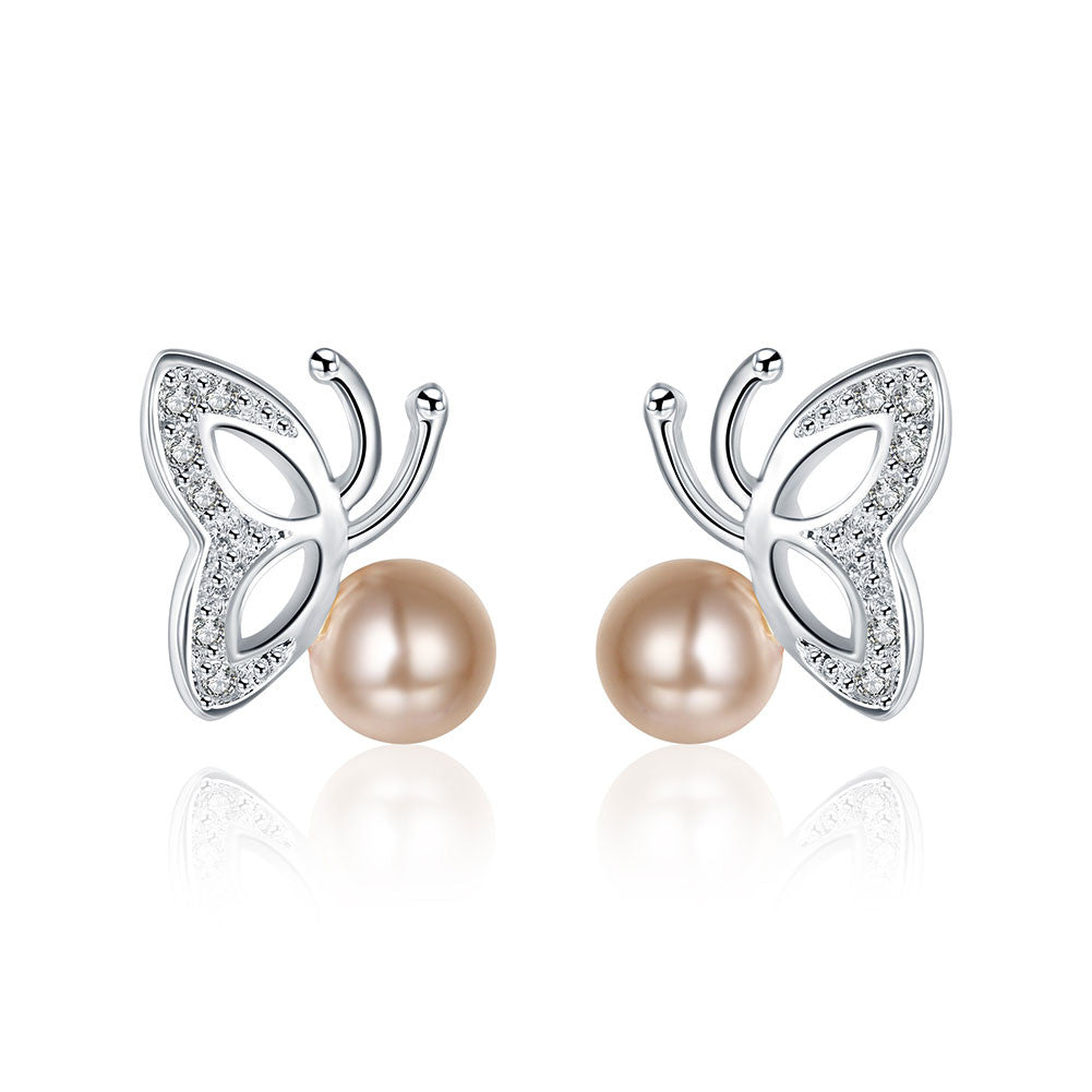 18K White Gold Plated Wings & Coral Pearl Earring