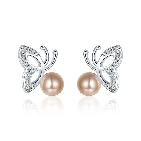 18K White Gold Plated Wings & Coral Pearl Earring