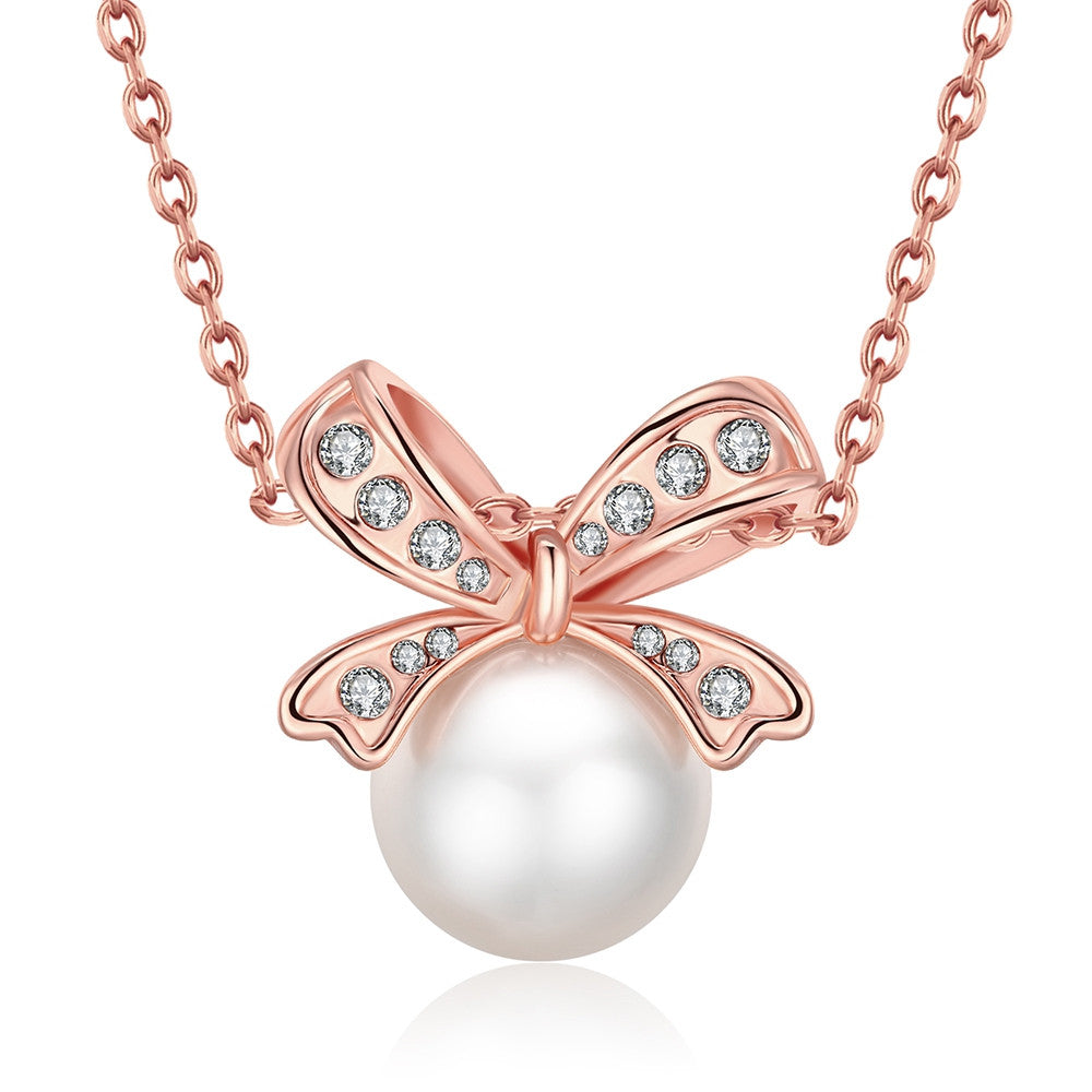 18K Rose Gold Plated Bow Pearled Necklace