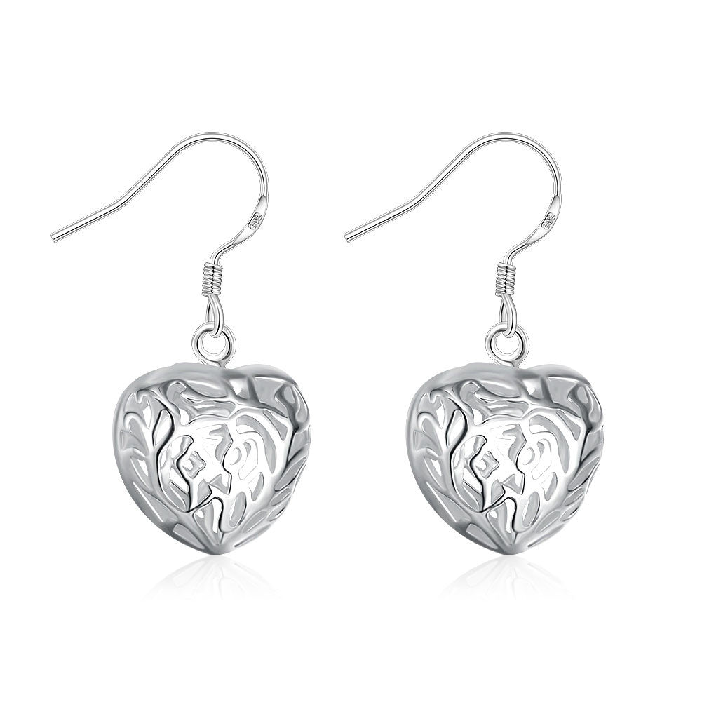 18K White Gold Plated Laser Cut Heart Shaped Drop Earring