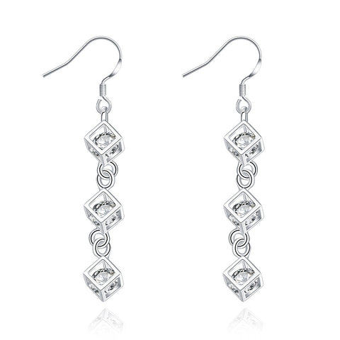 18K White Gold Plated Drop Rubix Cube Earring