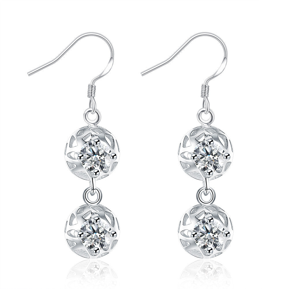 18K White Gold Plated Laser Cut Duo-Balls Drop Earring