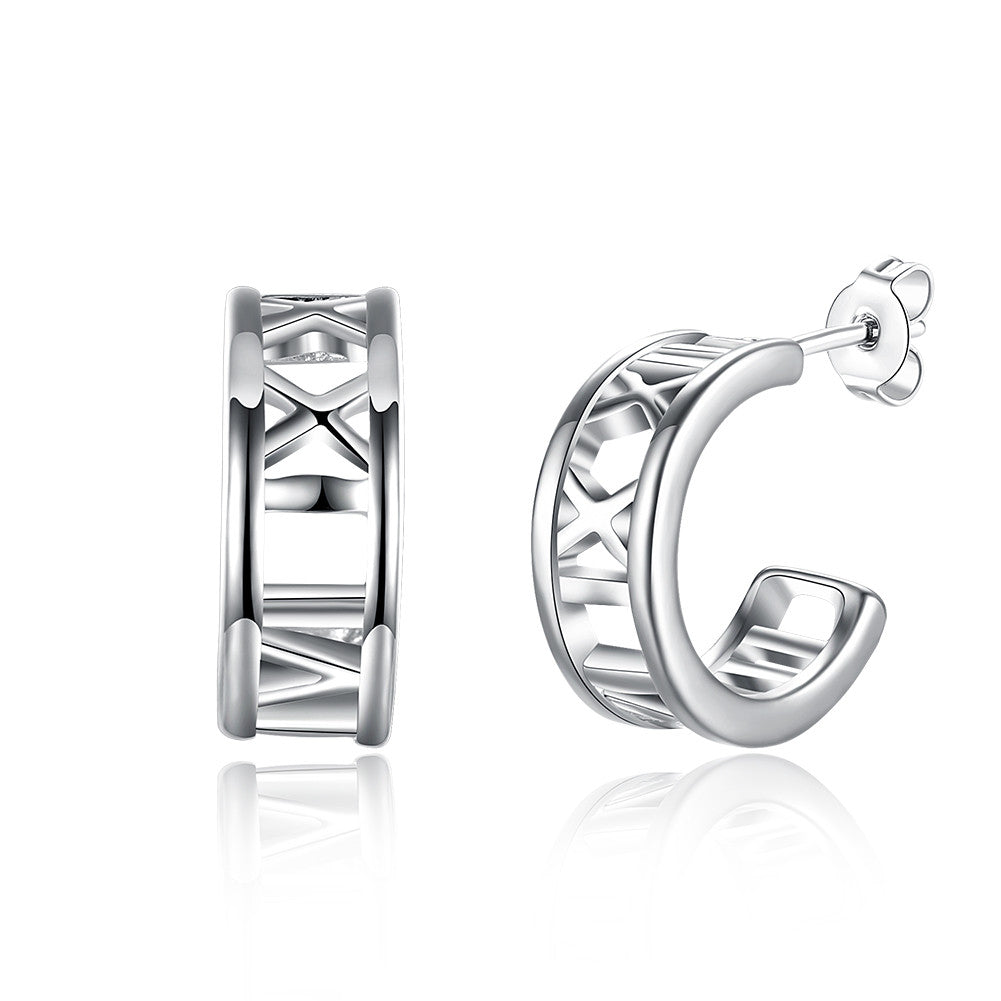 18K White Gold Plated Roman Numerals Ingrained Earring